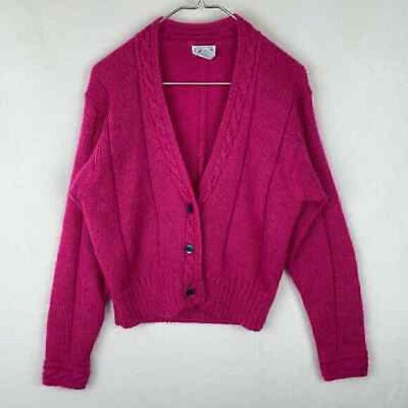 Vintage 80s 90s Bright Pink Mohair Blend Cable Knit Oversized Cardigan Large - Picture 1 of 7